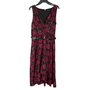 Tommy Hilfiger Women's Burgundy Floral Sleeveless Belted Midi Sheath Dress
